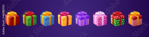 Gift boxes 3d birthday presents in colorful wrapping paper and bows. Bonus, award, Christmas, Valentine or boxing day, New Year celebration isolated objects, design elements, Cartoon vector icons set