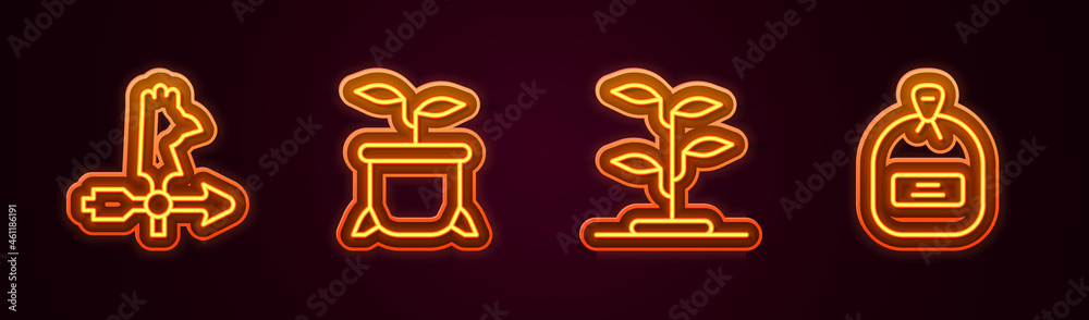 Set line Rooster weather vane, Plant in pot, Sprout and Pack full of seeds. Glowing neon icon. Vector Set line Rooster weather vane, Plant in pot, Sprout and Pack full of seeds. Glowing neon icon. Vector