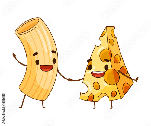 Cheese and pasta tortiglioni characters holding by hands. Perfect couple, friends forever cartoon vector illustration
