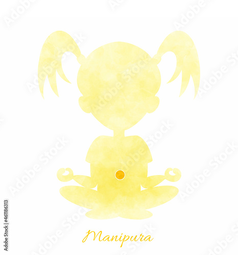 Manipura girl silhouette of yoga lotus position chakra circle hand drawn digital illustration for kids. Print quality for children