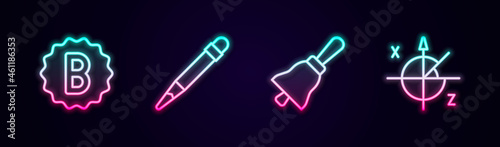Set line Exam paper with incorrect answers, Pencil eraser, Ringing bell and Trigonometric circle. Glowing neon icon. Vector