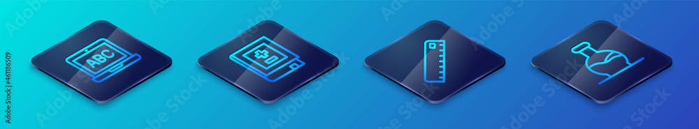 Set Isometric line Ruler, Laptop, Test tube and Book with mathematics icon. Vector