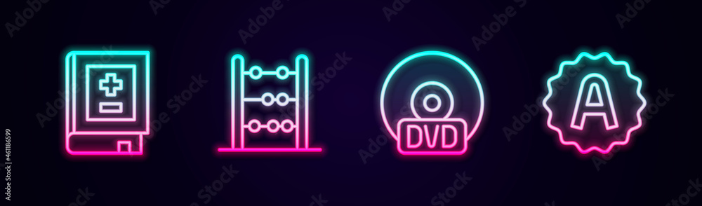 Set line Book with mathematics, Abacus, CD or DVD disk and Exam sheet plus grade. Glowing neon icon. Vector Set line Book with mathematics, Abacus, CD or DVD disk and Exam sheet plus grade. Glowing neon icon. Vector