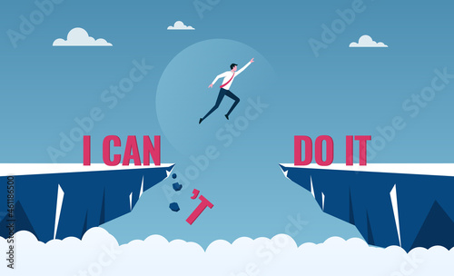 Businessman jumping over cliffs for I can do it, good mindset and never give up concept