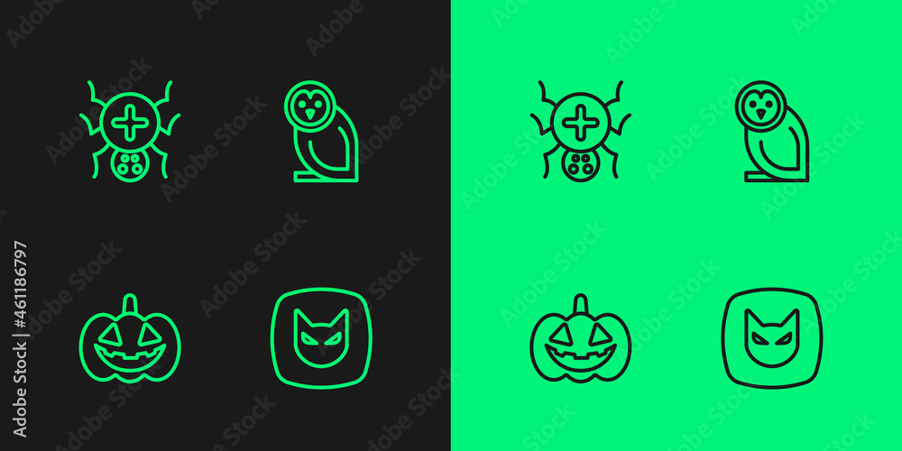 Set line Black cat, Pumpkin, Spider and Owl bird icon. Vector