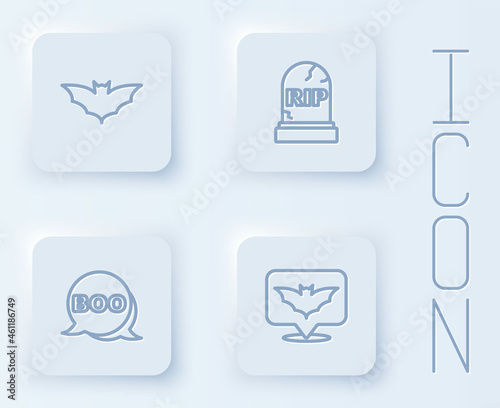 Set line Flying bat, Tombstone with RIP written, Boo speech bubble and . White square button. Vector