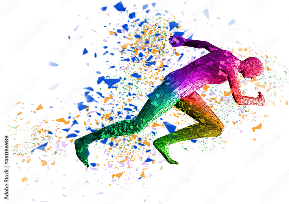 Fototapeta premium カラフルなしぶきを上げるスプリンターの3dイラスト