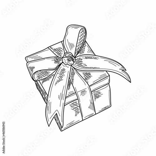 Drawing, engraving, ink, line art, vector illustration christmas new year gift box with bow sketch in silhouette on a white background.