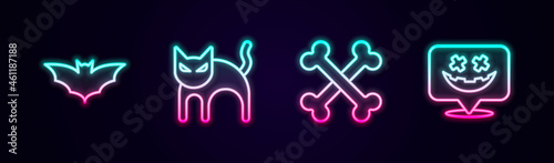 Set line Flying bat, Black cat, Crossed bones and Happy Halloween holiday. Glowing neon icon. Vector