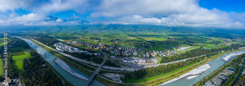 Aerial view of the city Haag, Sennwald in Switzerland on an early morning day in summer. 