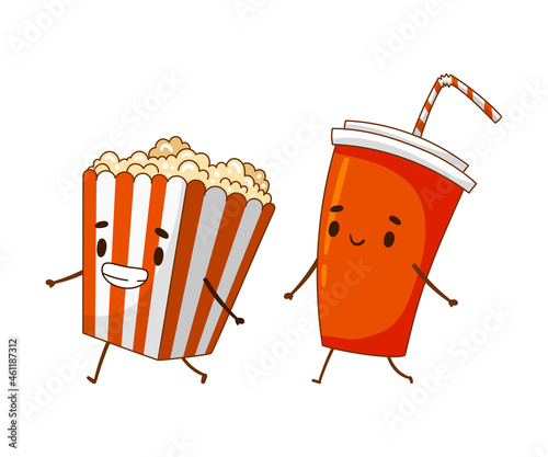 Popcorn and soda drink characters holding by hands. Perfect couple, friends forever cartoon vector illustration