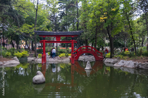 Traditional Japanese gate and pond in Masayoshi Ohira Park photo