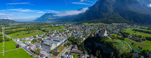 Aerial view of the village Balzers in Liechtenstein on a sunny day in summer.	