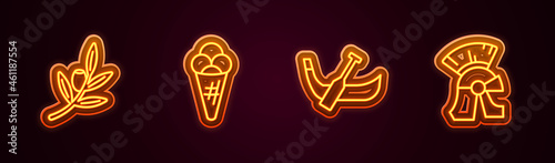 Set line Olives branch, Ice cream in waffle, Gondola boat and Roman army helmet. Glowing neon icon. Vector