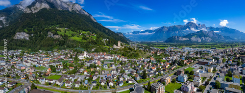Aerial view around the old town of the city Mels in Switzerland on a sunny day in summer. 