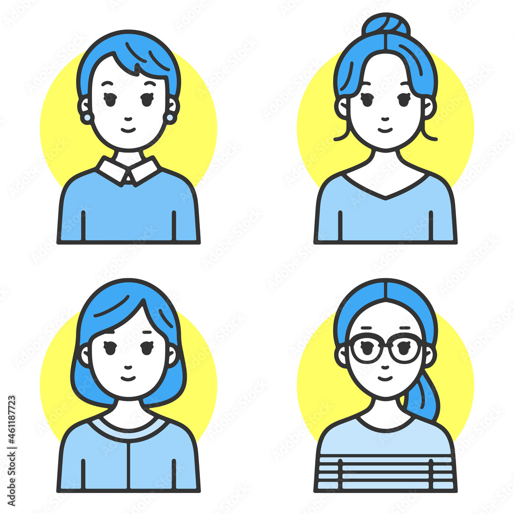 Web口コミ広告に使いやすいシンプルでフラットな線のキャラクターイラスト若い女性バリエーション