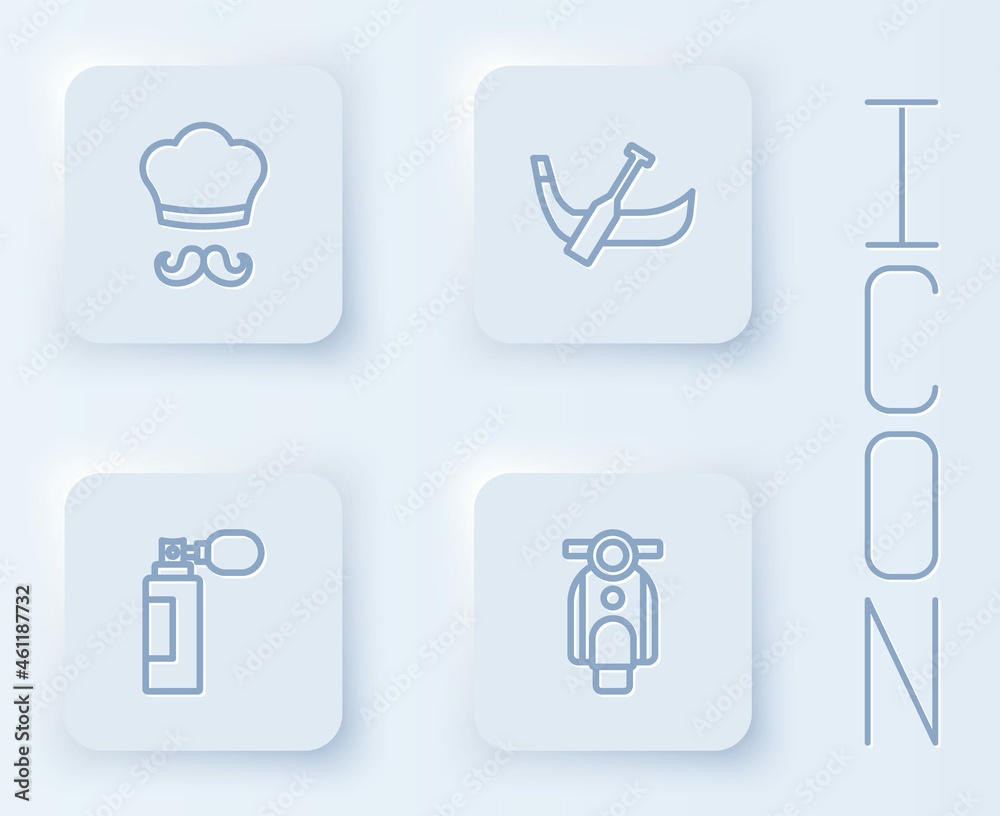 Set line Italian cook, Gondola boat, Perfume and Scooter. White square button. Vector Set line Italian cook, Gondola boat, Perfume and Scooter. White square button. Vector