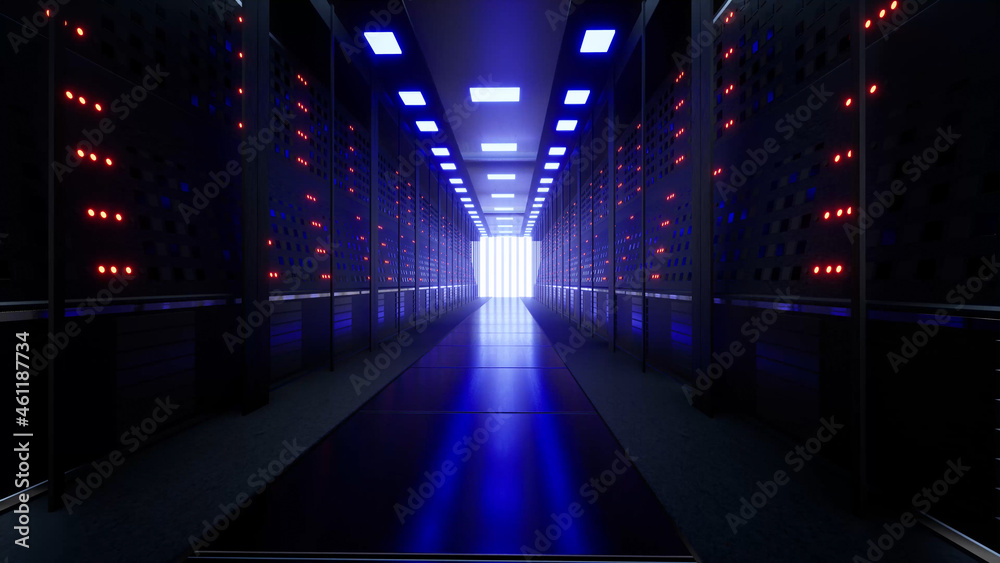 Network And Data Servers Behind Glass Panels In A Server Room Of A Data Center Or Isp, 3d Rendering