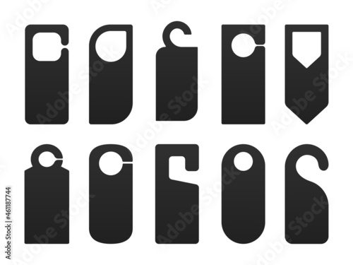Hotel door hanger tags template icon signs set flat style design vector illustration. Empty door flyer or do not disturb mock up isolated on white background.