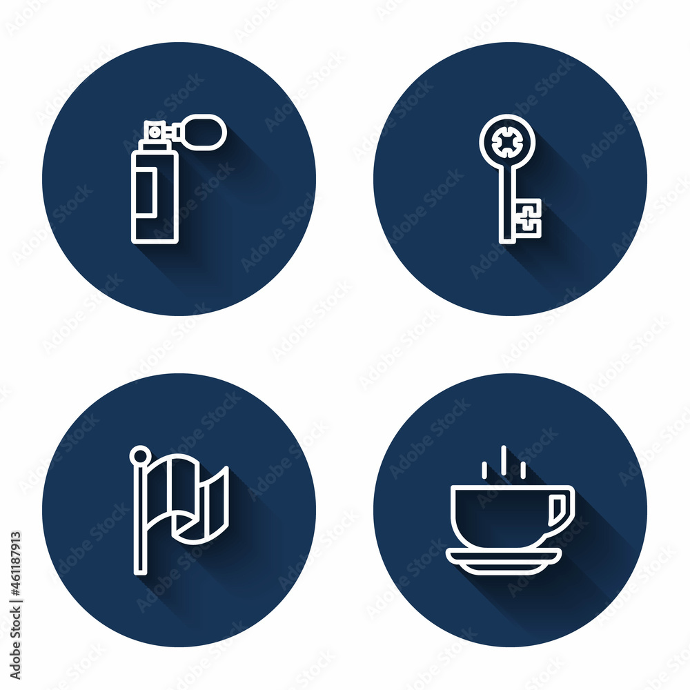 Set line Perfume, Old key, Flag Italy and Coffee cup with long shadow. Blue circle button. Vector Set line Perfume, Old key, Flag Italy and Coffee cup with long shadow. Blue circle button. Vector