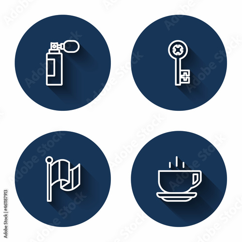 Set line Perfume, Old key, Flag Italy and Coffee cup with long shadow. Blue circle button. Vector