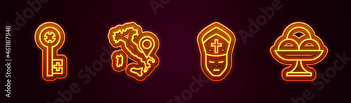 Set line Old key, Map of Italy, Pope and Ice cream in the bowl. Glowing neon icon. Vector