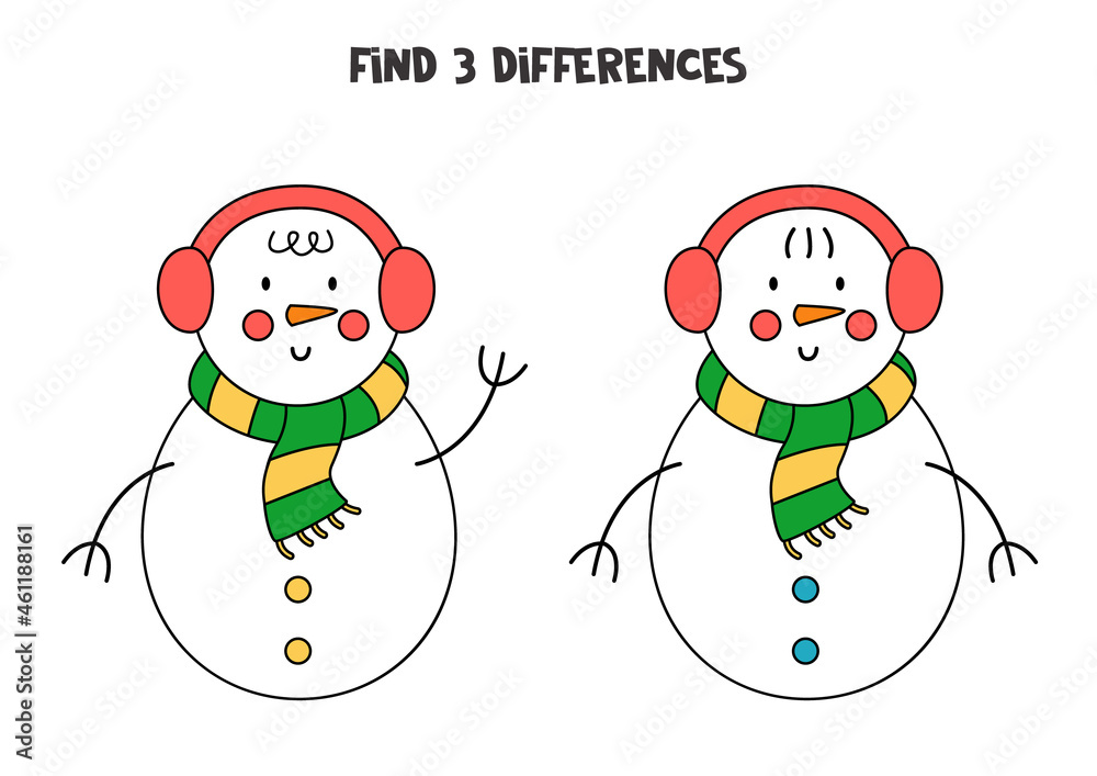 Find three differences between two cartoon snowmen.