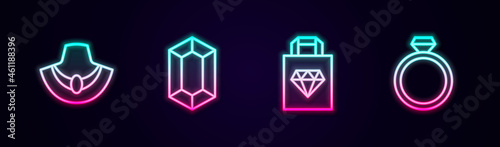 Set line Necklace on mannequin, Gem stone, Shopping bag jewelry and Diamond engagement ring. Glowing neon icon. Vector