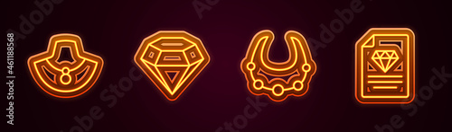 Set line Necklace on mannequin, Diamond, and Certificate of the diamond. Glowing neon icon. Vector