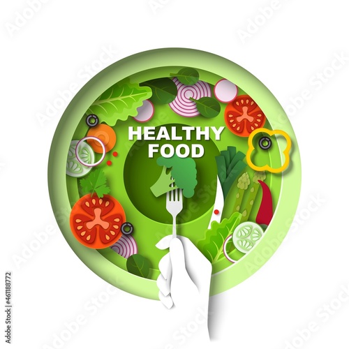 Bowl with delicious vegan salad, vector paper cut illustration. Healthy diet, vegetarian food.
