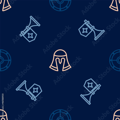 Set line Round shield, Trumpet with flag and Medieval helmet on seamless pattern. Vector