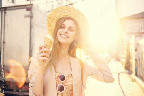 attractive woman outdoor walk eat ice cream walk travel city trip