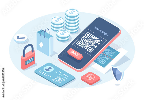 E-Payment, cashless technology. Mobile phone scans QR code. Electronic digital payment with smartphone. Mobile barcode reader, scanner. Vector illustration in 3d design. Isometric web banner