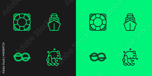 Set line Tsunami, Nautical rope knots, Lifebuoy and Yacht sailboat icon. Vector