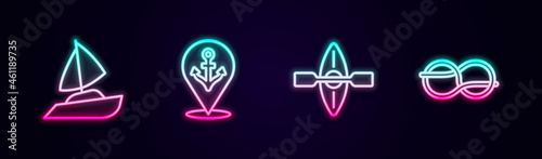Set line Yacht sailboat, Location with anchor, Kayak and paddle and Nautical rope knots. Glowing neon icon. Vector
