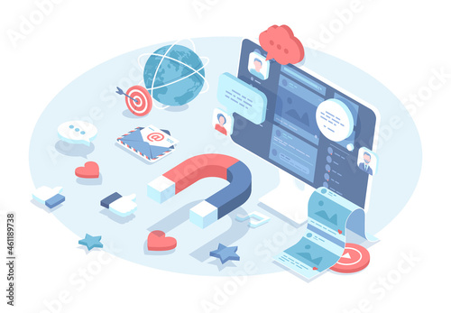 Social media marketing. Creating viral social media content. Attracting new customers, promotes business. Vector illustration in 3d design. Isometric web banner.
