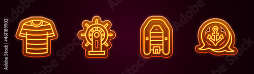 Set line Striped sailor t-shirt, Ship steering wheel, Inflatable boat with motor and Anchor. Glowing neon icon. Vector