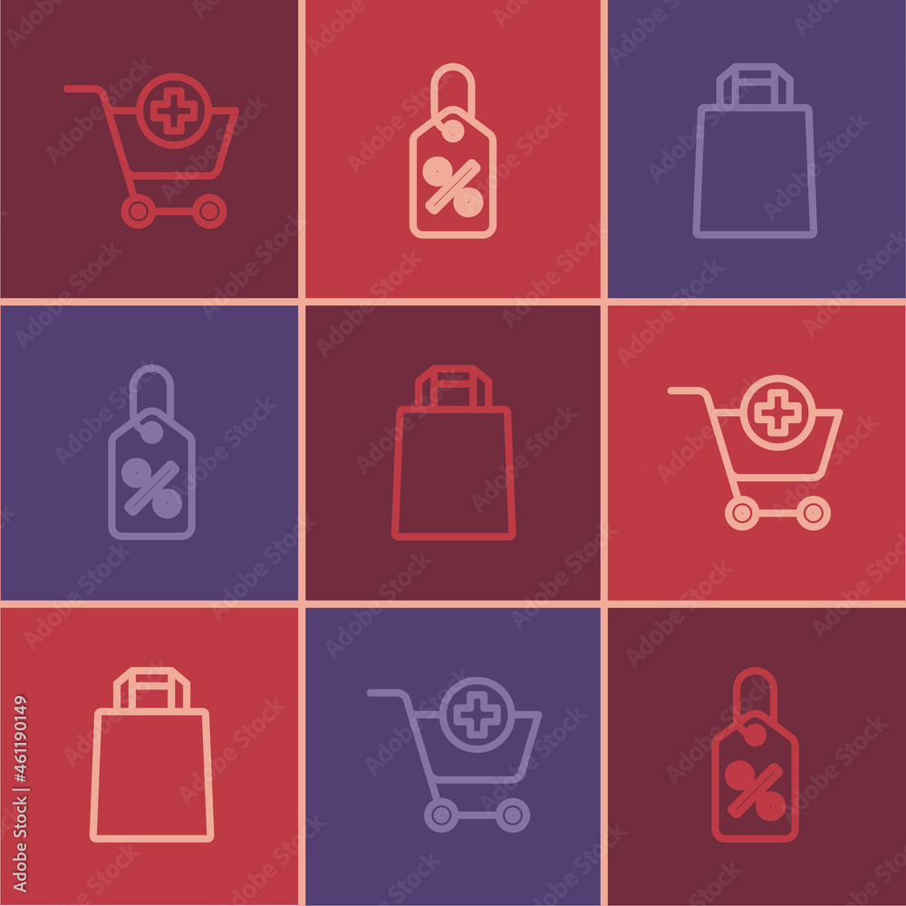 Set line Add to Shopping cart, Paper shopping bag and Discount percent tag icon. Vector Set line Add to Shopping cart, Paper shopping bag and Discount percent tag icon. Vector