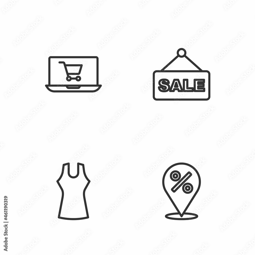 Set line Location with percent, Woman dress, Shopping cart screen laptop and Hanging sign text Sale icon. Vector Set line Location with percent, Woman dress, Shopping cart screen laptop and Hanging sign text Sale icon. Vector