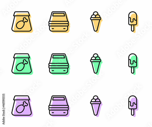 Set line Ice cream in waffle, Online ordering meal, Lunch box and icon. Vector
