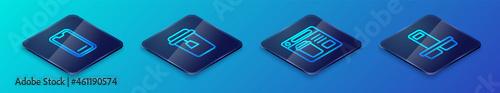 Set Isometric line Online ordering food, Food on mobile, Coffee cup to go and Cup tea icon. Vector