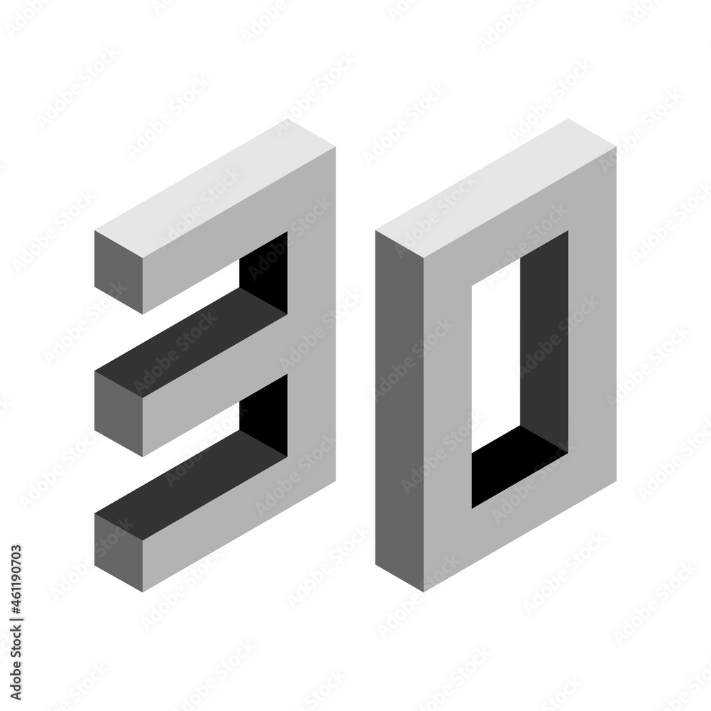 Gray number 30 in isometric style. Isolated on white background. Learning numbers, serial number, price, place. Gray number 30 in isometric style. Isolated on white background. Learning numbers, serial number, price, place.