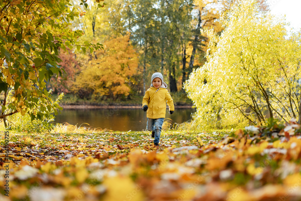 happy smiling little boy in yellow jacket run in autumn central park in Saint-petersburg, Russia on sunny october day