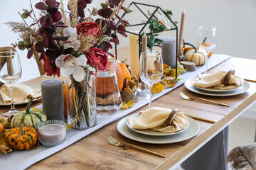 Beautiful table setting for Thanksgiving Day dinner at home