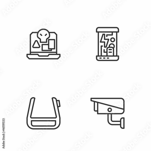 Set line Security camera, Smart glasses on spectacles, Internet piracy and Cryogenic capsules icon. Vector