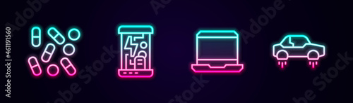 Set line Medical pill biohacking, Cryogenic capsules, Laptop and Fantastic flying car. Glowing neon icon. Vector