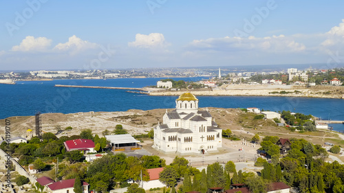 Sevastopol, Crimea. Vladimirsky Cathedral in Chersonesos. Chersonesus Tauric - founded by the ancient Greeks on the Heracles peninsula on the Crimean coast, Aerial View photo