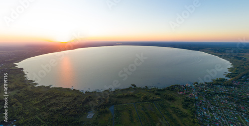 Pereslavl-Zalessky, Russian. Lake Pleshcheyevo at sunset time. Aerial view photo