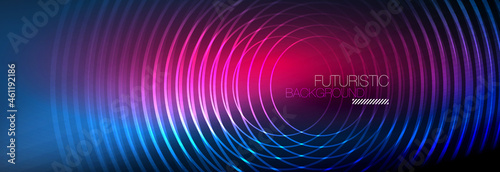 Dark abstract background with glowing neon circles. Trendy layout template for business or technology presentation, internet poster or web brochure cover, wallpaper