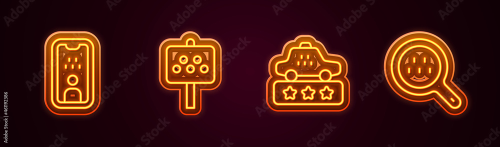 Set line Taxi driver license, Road sign for taxi stand, service rating and Search. Glowing neon icon. Vector